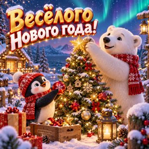 Открытка «Весёлого Нового года!» с пингвином и мишкой