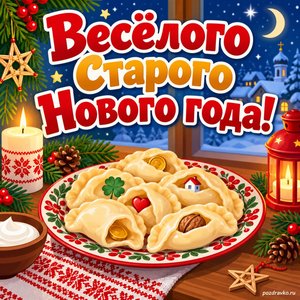 Открытка «Весёлого Старого Нового года!» с варениками