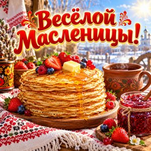 Открытка «Весёлой Масленицы!» с блинами и вареньем