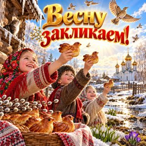 Открытка «Весну закликаем!» с детьми и жаворонками