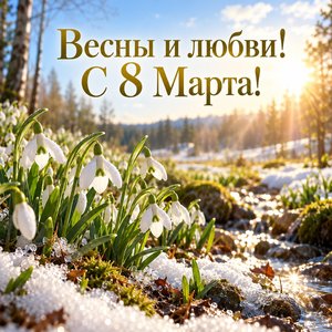 Открытка «Весны и любви! С 8 Марта!» с подснежниками на весенней поляне