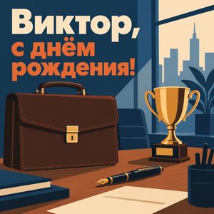 Открытка «Виктор, с днём рождения!» Виктору с портфелем и кубком