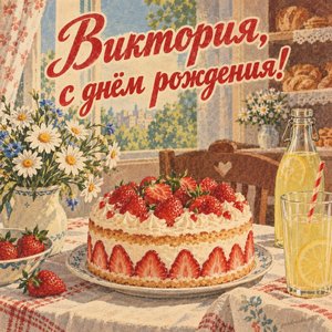 Открытка «Виктория, с днём рождения!» Виктории с клубничным тортом