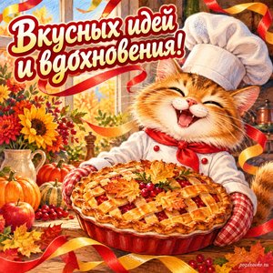 Открытка «Вкусных идей и вдохновения!» с котом-поваром и пирогом с нарядными праздничными лентами