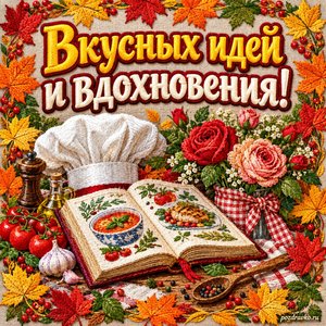 Открытка «Вкусных идей и вдохновения!» с кулинарной книгой и розами в рамке из кленовых листьев