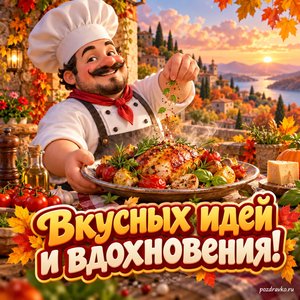 Открытка «Вкусных идей и вдохновения!» с поваром и праздничным блюдом на фоне мягких осенних облаков