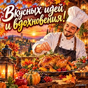 Открытка «Вкусных идей и вдохновения!» с поваром и праздничным блюдом в сиянии уютных фонариков