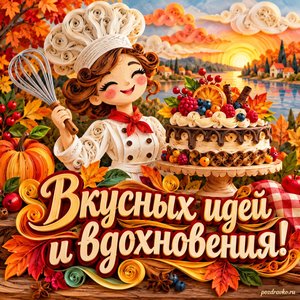 Открытка «Вкусных идей и вдохновения!» с тортом и венчиком на фоне мягких осенних облаков