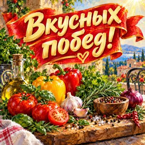 Открытка «Вкусных побед!» с овощами и специями