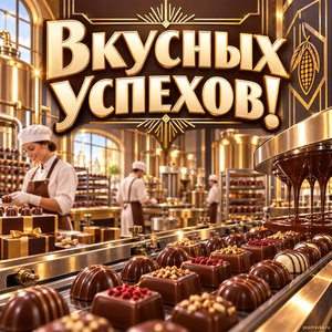 Открытка «Вкусных успехов!» с конфетной фабрикой