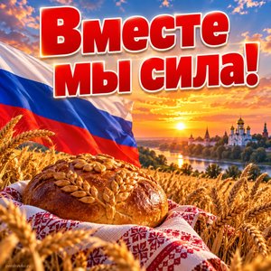 Открытка «Вместе мы сила!» с караваем и полем