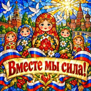 Открытка «Вместе мы сила!» с матрёшками