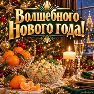 Открытка «Волшебного Нового года!» с праздничным столом и мандаринами