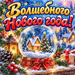 Открытка «Волшебного Нового года!» со снежным шаром