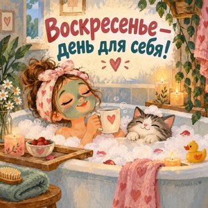 Открытка «Воскресенье — день для себя!» с ванной и свечами