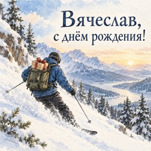 Открытка «Вячеслав, с днём рождения!» Вячеславу с лыжником