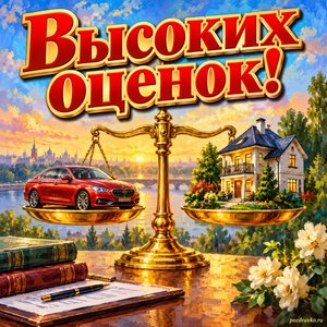 Открытка «Высоких оценок!» с машиной и домом на весах