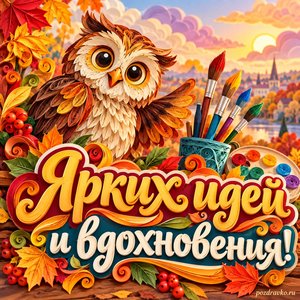 Открытка «Ярких идей и вдохновения!» с доброй совой и кистями на фоне мягких осенних облаков