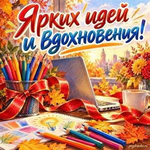 Открытка «Ярких идей и вдохновения!» с ноутбуком и цветными карандашами с нарядными праздничными лентами