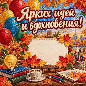 Открытка «Ярких идей и вдохновения!» с воздушными шарами и плакатом без текста в рамке из кленовых листьев
