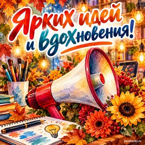 Открытка «Ярких идей и вдохновения!» с ярким мегафоном и цветами в сиянии уютных фонариков