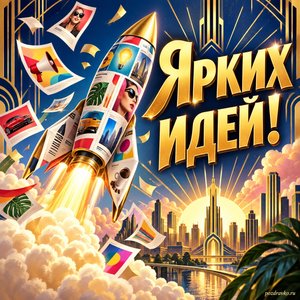 Открытка «Ярких идей!» с ракетой из афиш