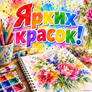 Открытка «Ярких красок!» с карандашами и скетчбуком