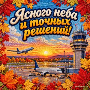 Открытка «Ясного неба и точных решений!» с аэродромом и осенними деревьями в рамке из кленовых листьев