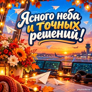 Открытка «Ясного неба и точных решений!» с бумажными самолётиками и цветами в сиянии уютных фонариков