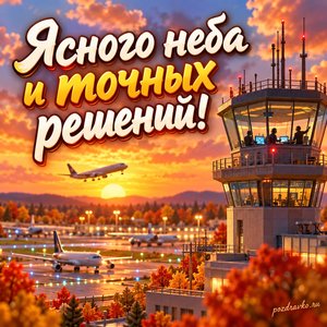 Открытка «Ясного неба и точных решений!» с диспетчерской башней на закате на фоне мягких осенних облаков