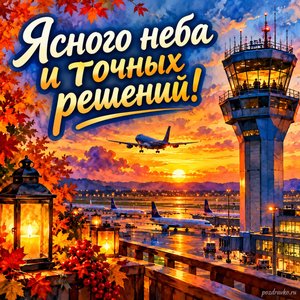 Открытка «Ясного неба и точных решений!» с диспетчерской башней на закате в сиянии уютных фонариков