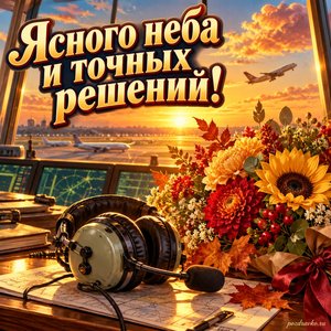 Открытка «Ясного неба и точных решений!» с гарнитурой и букетом при золотом солнечном свете