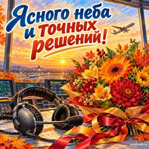 Открытка «Ясного неба и точных решений!» с гарнитурой и букетом с нарядными праздничными лентами