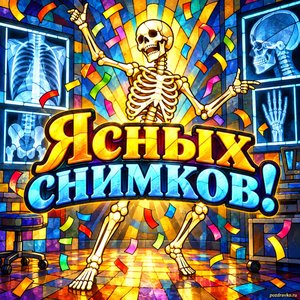 Открытка «Ясных снимков!» с танцующим скелетом