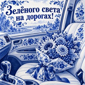 Открытка «Зелёного света на дорогах!» с букетом на сиденье