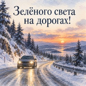Открытка «Зелёного света на дорогах!» с машиной на зимней дороге