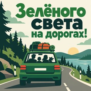Открытка «Зелёного света на дорогах!» с машиной в путешествии