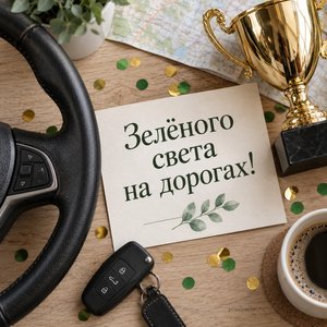 Открытка «Зелёного света на дорогах!» с рулём и кубком