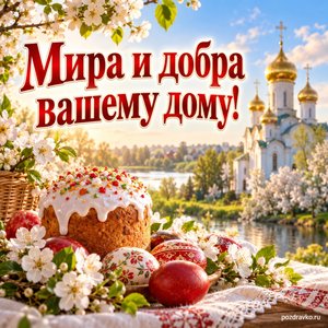 Пасха Христова — открытка «Мира и добра вашему дому!» с золотыми куполами среди цветущих деревьев