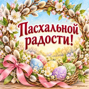Пасха Христова — открытка «Пасхальной радости!» с пасхальным венком и пастельными яйцами