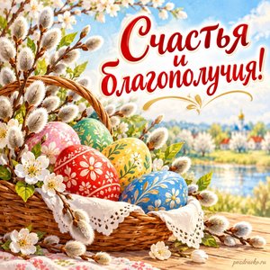 Пасха Христова — открытка «Счастья и благополучия!» с веточками вербы и расписными яйцами без текста