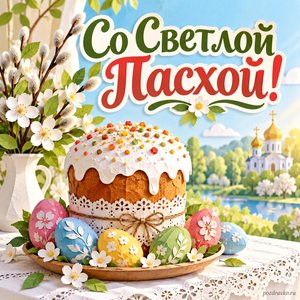 Пасха Христова — открытка «Со Светлой Пасхой!» с куличом без букв и белой скатертью