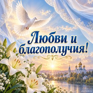 Покров Пресвятой Богородицы — открытка «Любви и благополучия!» с голубем и белыми лилиями