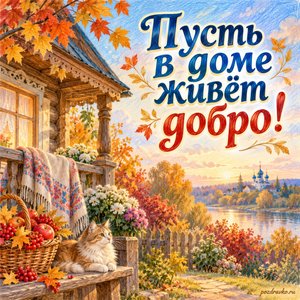 Покров Пресвятой Богородицы — открытка «Пусть в доме живёт добро!» с деревянным домом у осеннего сада