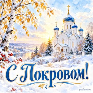 Покров Пресвятой Богородицы — открытка «С Покровом!» с белым храмом и первым лёгким снегом