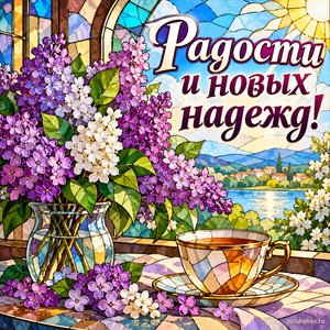 Праздник Весны и Труда — открытка «Радости и новых надежд!» с букетом сирени и чашкой чая Праздник Весны и Труда — открытка «Радости и новых надежд!» с букетом сирени и чашкой чая