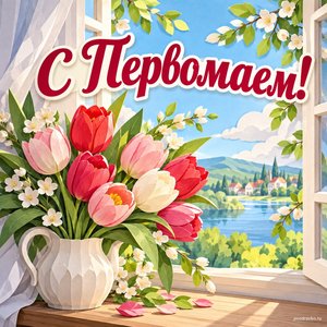 Праздник Весны и Труда — открытка «С Первомаем!» с букетом тюльпанов у открытого окна Праздник Весны и Труда — открытка «С Первомаем!» с букетом тюльпанов у открытого окна