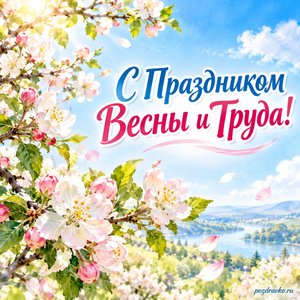 Праздник Весны и Труда — открытка «С Праздником Весны и Труда!» с цветущей яблоней и голубым небом Праздник Весны и Труда — открытка «С Праздником Весны и Труда!» с цветущей яблоней и голубым небом