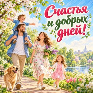 Праздник Весны и Труда — открытка «Счастья и добрых дней!» с семьёй на прогулке в зелёном парке Праздник Весны и Труда — открытка «Счастья и добрых дней!» с семьёй на прогулке в зелёном парке