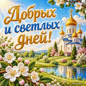 Празднование иконы Божией Матери «Державная» — открытка «Добрых и светлых дней!» с солнечным храмом у красивого весеннего поля